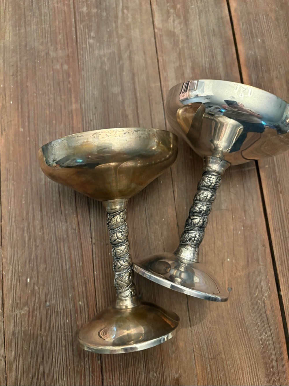 Decorative Brass and Silver-Tone Goblets with Ornate Stems - Set of 2